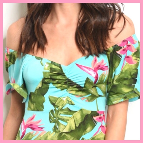 “ALMOST PARADISE” TURQUOISE PALM LEAVES TOP NEW - Picture 5 of 8